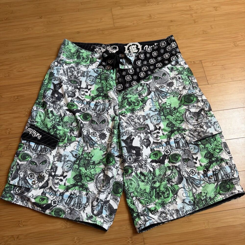 Empyre Board Shorts Mens 32x11 Skull Eye Gothic All Over Print Cargo Swim Trunks